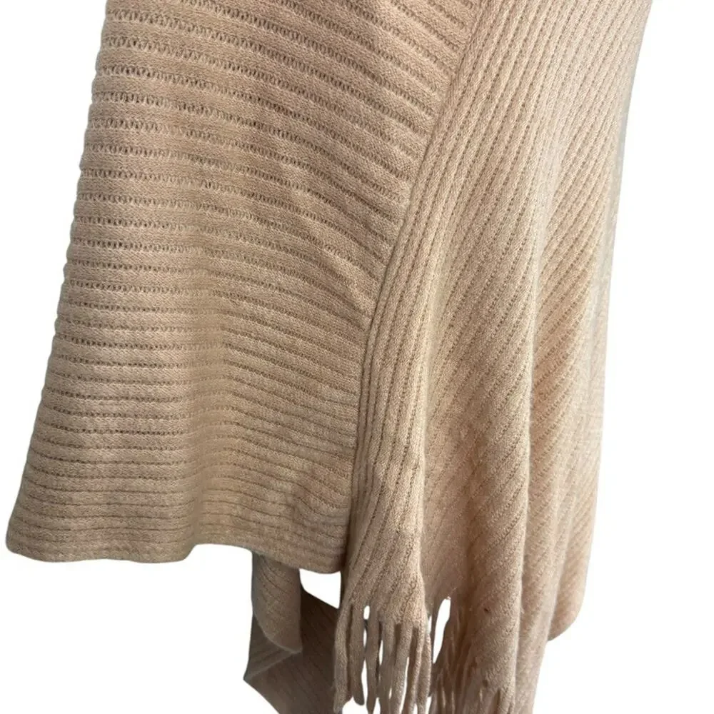 Chicos Ribbed Asymmetrical Fringe Cowl Neck Poncho Pullover Sweater sz O / S